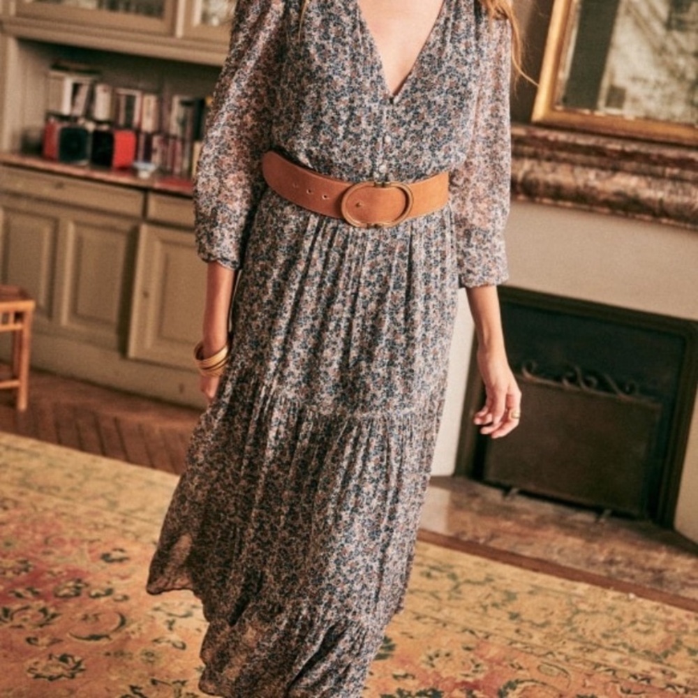 Sezane Alana Blooming Bleu floral maxi midi tiered dress